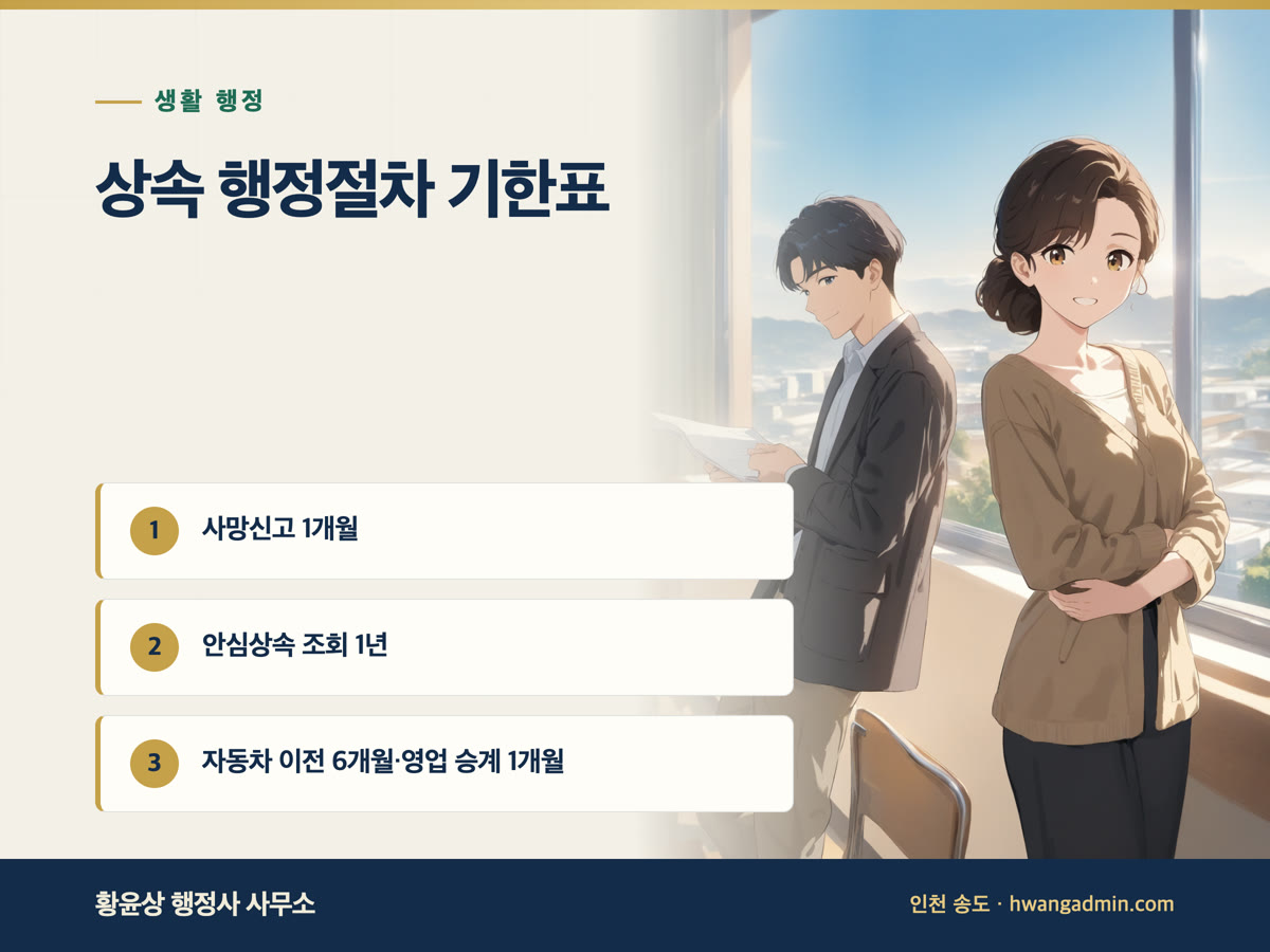 상속 행정절차 순서와 기한 — 사망신고 1개월, 안심상속 1년, 자동차 이전 6개월 — 안내 이미지