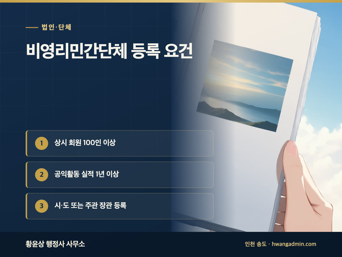 비영리민간단체 등록 요건과 신청 서류 — 회원 100인·활동 실적 1년 — 안내 이미지