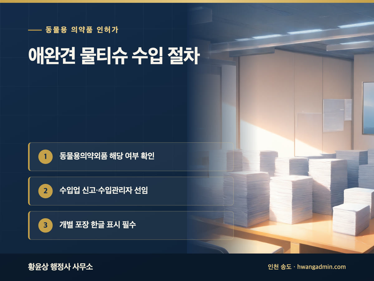 애완견 물티슈 수입 절차 — 동물용의약외품 해당 여부·수입업 신고·한글 표시 — 안내 이미지