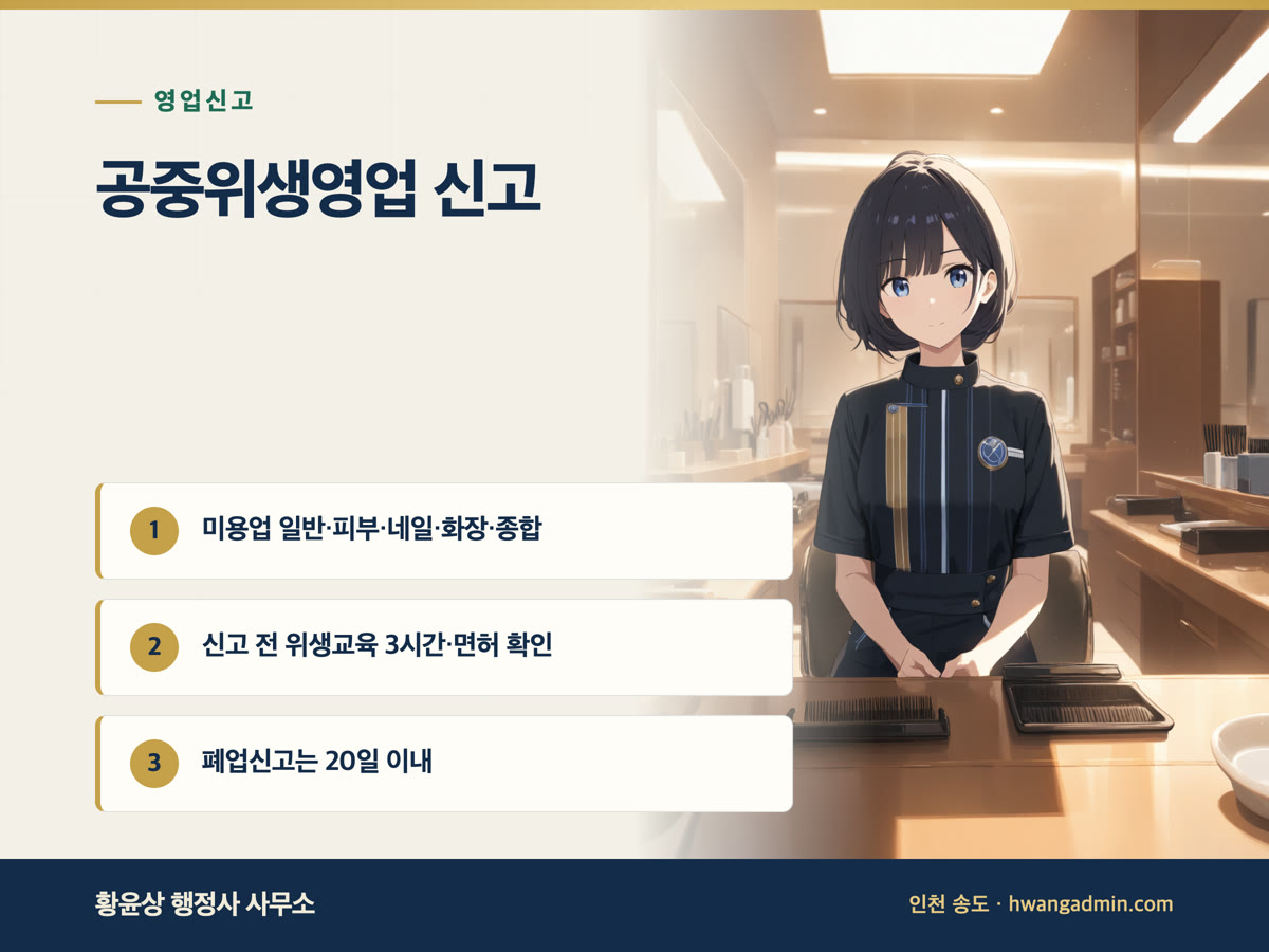 공중위생영업 신고 방법 — 미용실·네일·이용원·목욕탕·세탁소 위생교육 3시간과 면허·시설 기준 — 안내 이미지