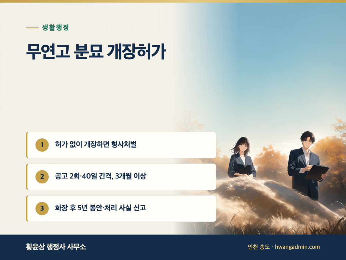 무연고 분묘 개장허가 신청 절차 — 2회 공고와 3개월 기간, 화장·봉안 후 신고까지 — 안내 이미지