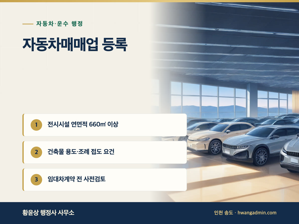 자동차매매업(중고차 매매상사) 등록 요건 — 전시시설 660㎡·건축물 용도 — 안내 이미지