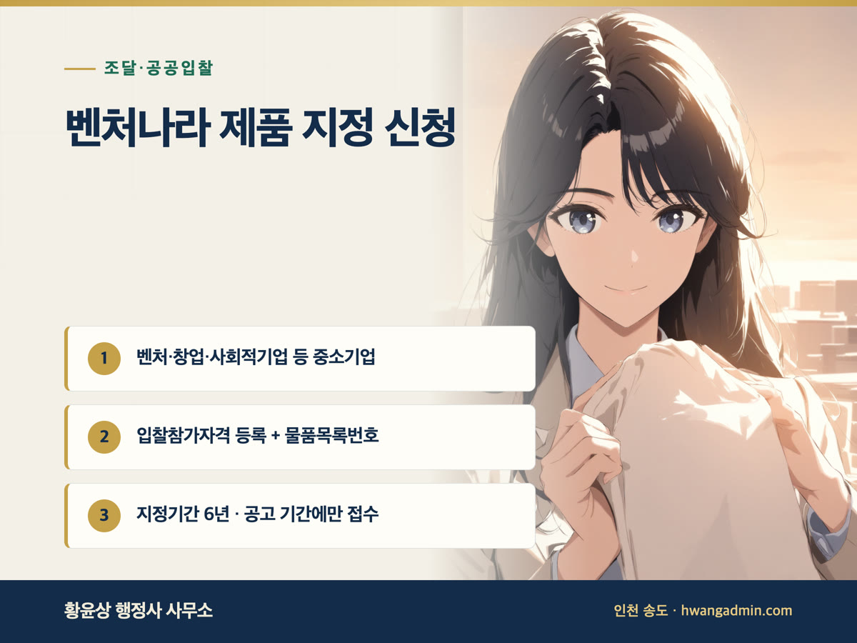 벤처나라 제품 지정 신청 절차 — 지정 대상 기업·물품목록번호·6년 지정기간 — 안내 이미지