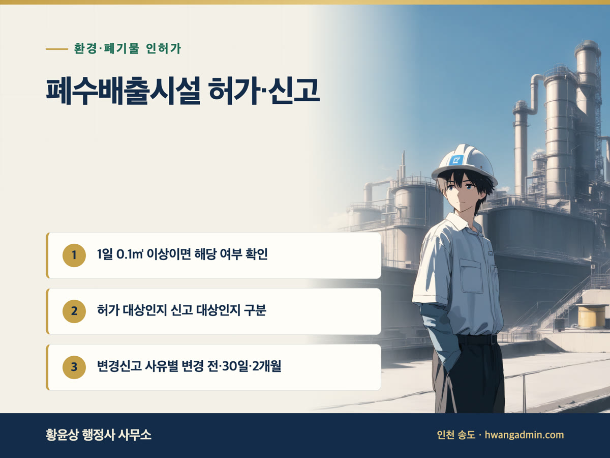 폐수배출시설 설치허가·설치신고·변경신고 — 1일 0.1㎥ 기준과 변경신고 30일·2개월 — 안내 이미지